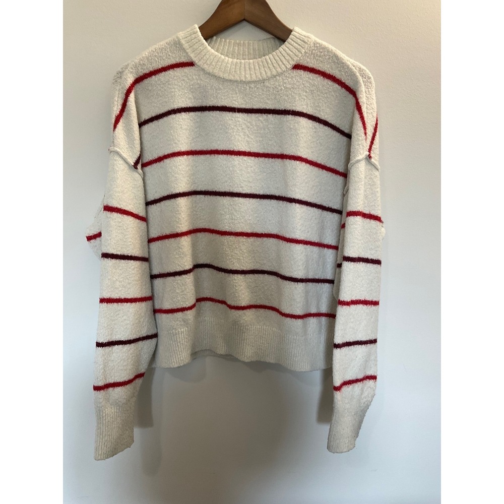American Eagle Womens XS Striped Knit Crewneck Sweater Cream Red Drop Shoulder S